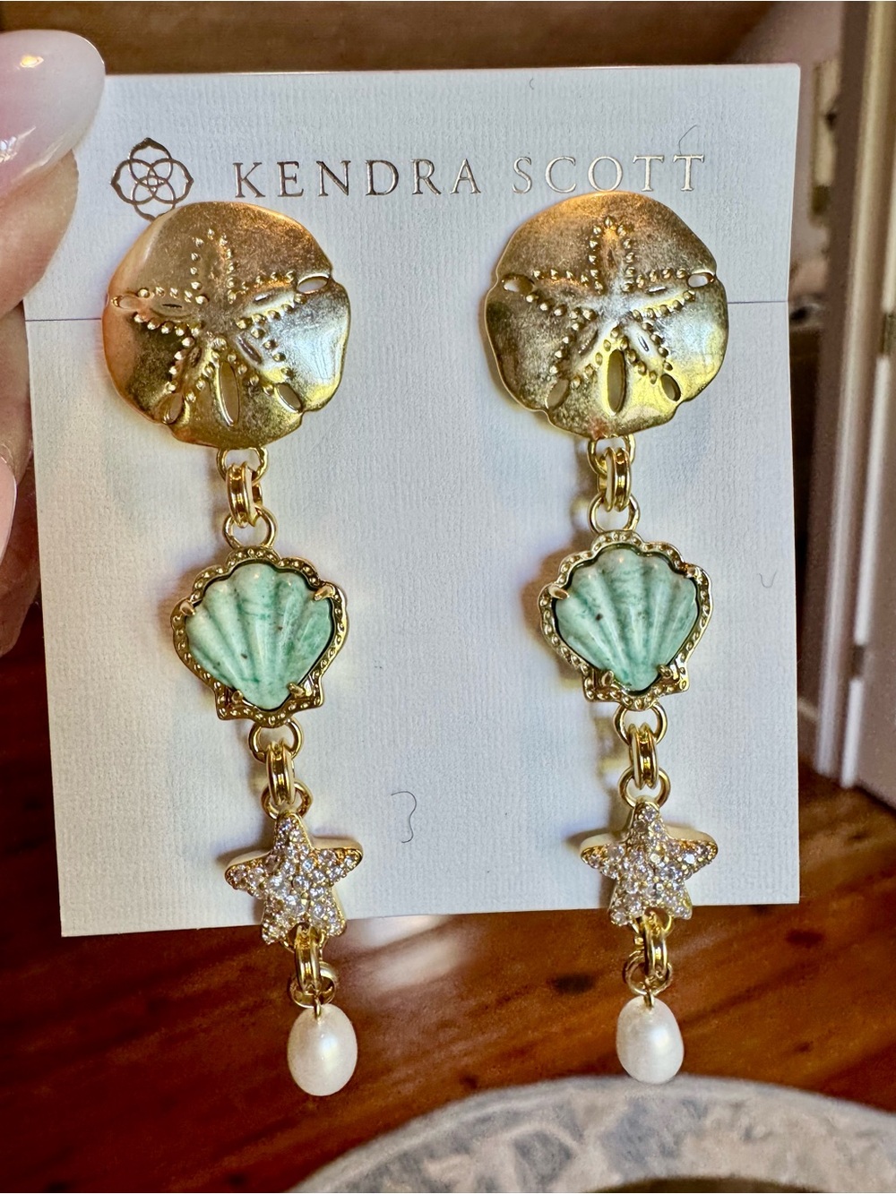 Kendra Scott Brynne Gold Seashell Drop Earrings with Mint and Pearl